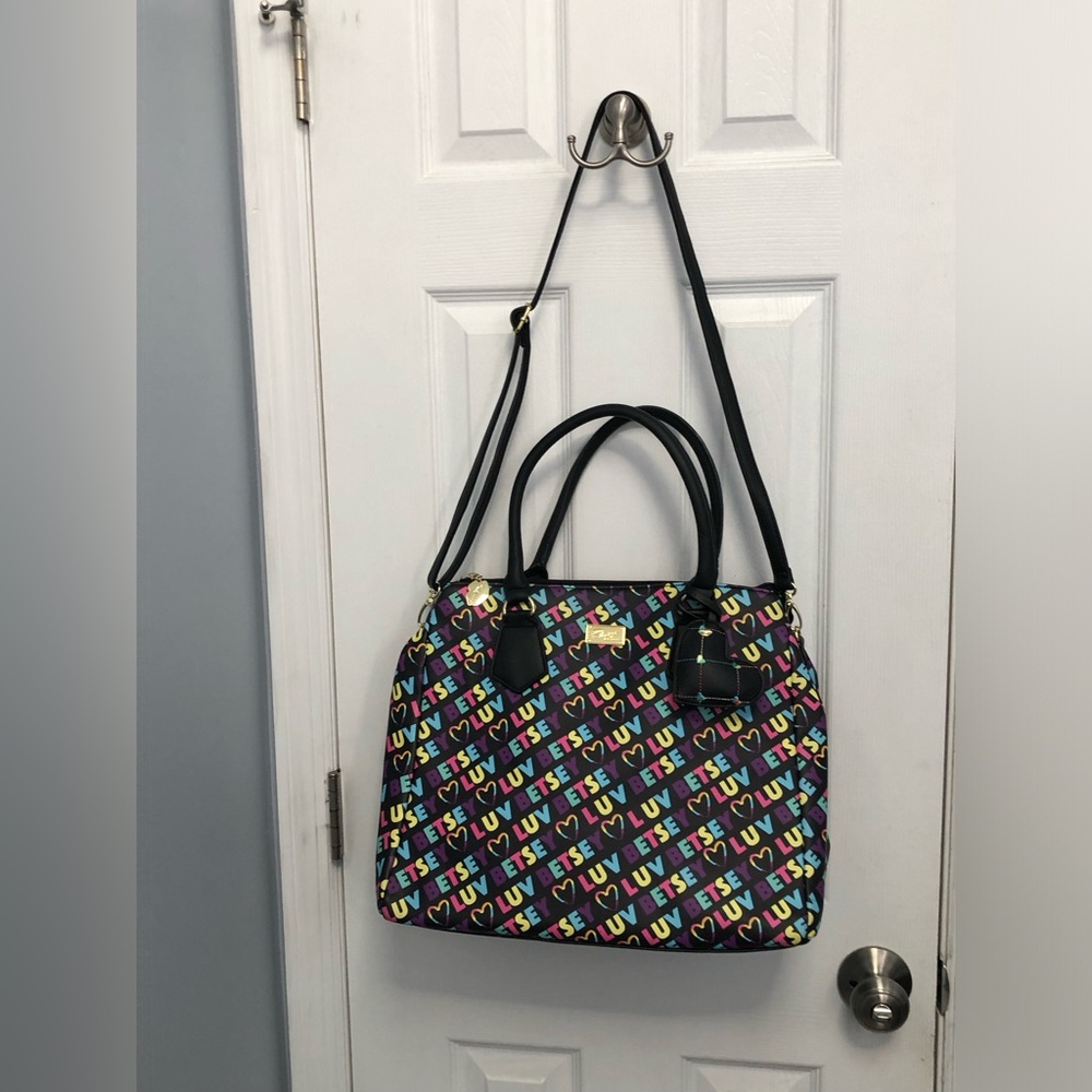 LUV Betsey Johnson Darcy Rainbow Multi Satchel Crossbody Tote Heart Flaw